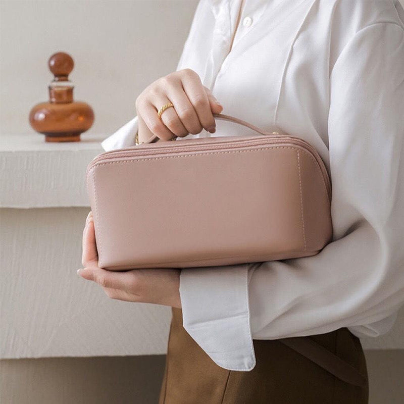 Portable leather travel cosmetic bag