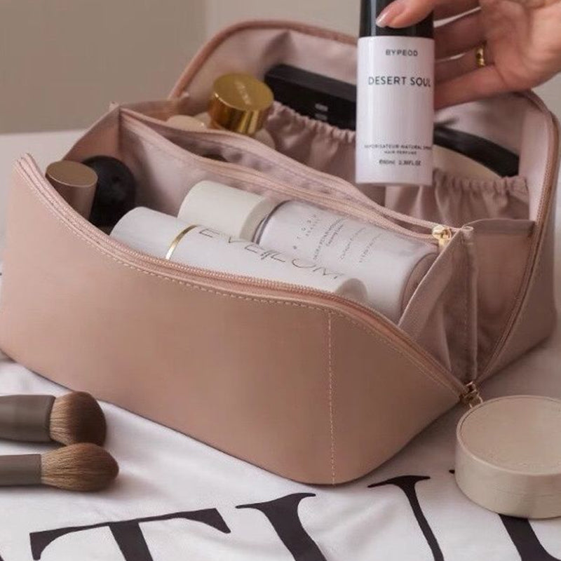 Portable leather travel cosmetic bag