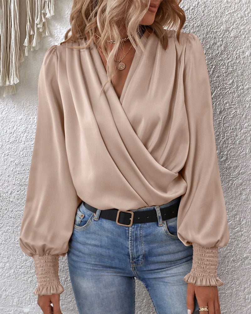 V-neck elegant plain blouse with balloon sleeves