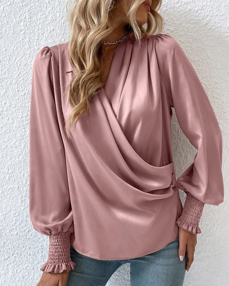 V-neck elegant plain blouse with balloon sleeves