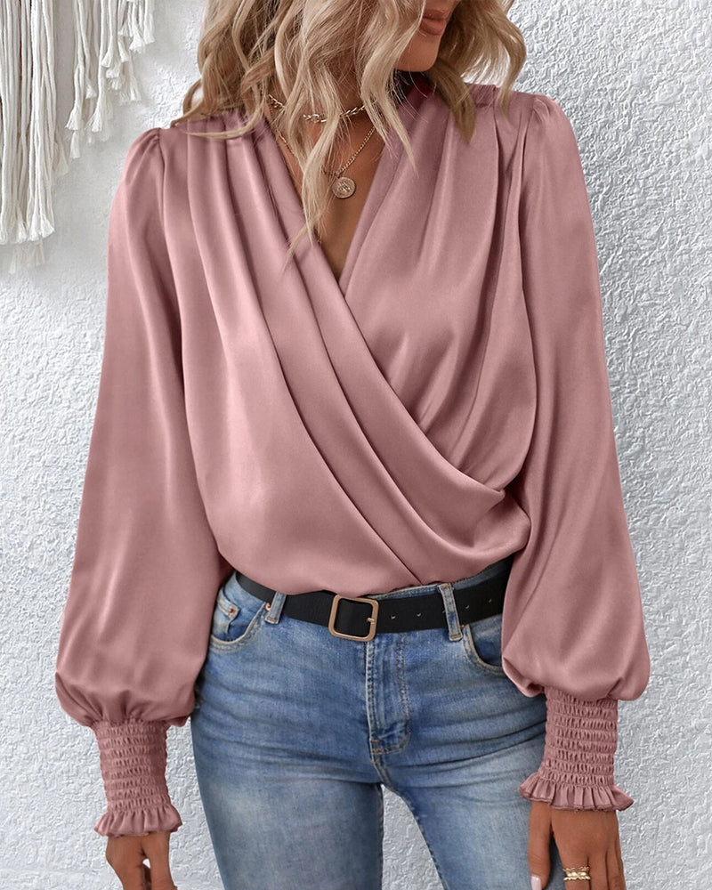 V-neck elegant plain blouse with balloon sleeves