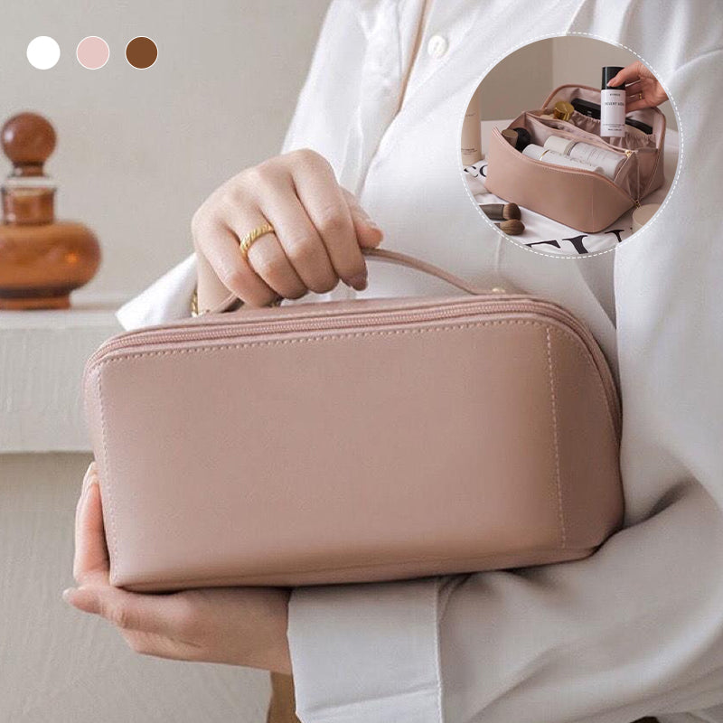 Portable leather travel cosmetic bag