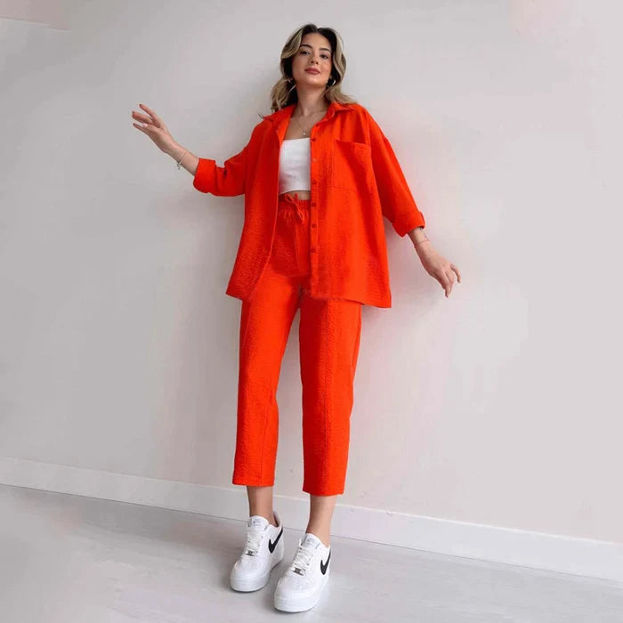 Lorah - Casual loose shirt Coat sporty pants Two-piece suit