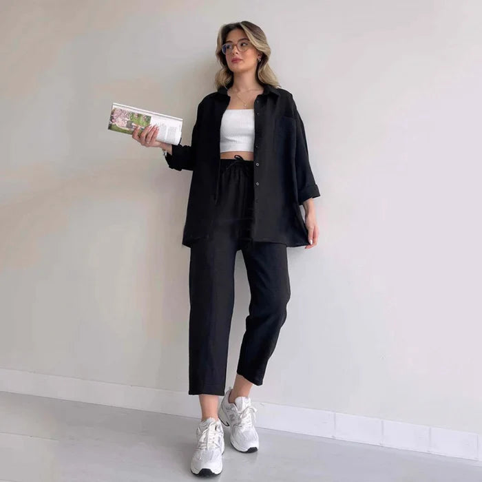 Lorah - Casual loose shirt Coat sporty pants Two-piece suit