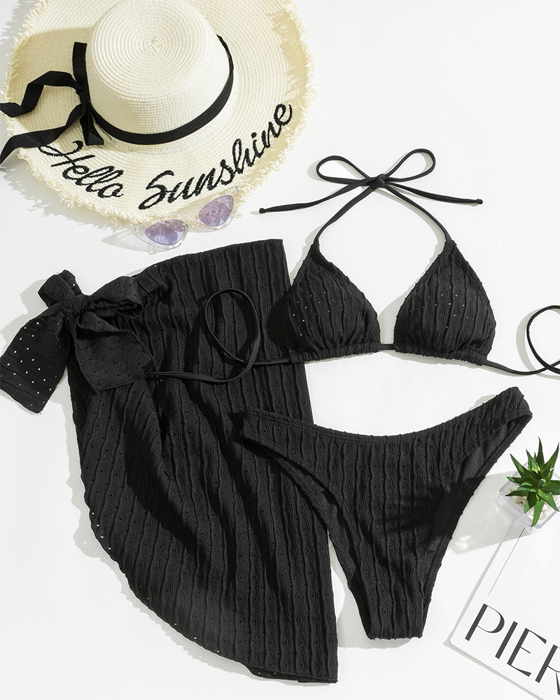 Costum de baie sexy din trei piese de culoare uni