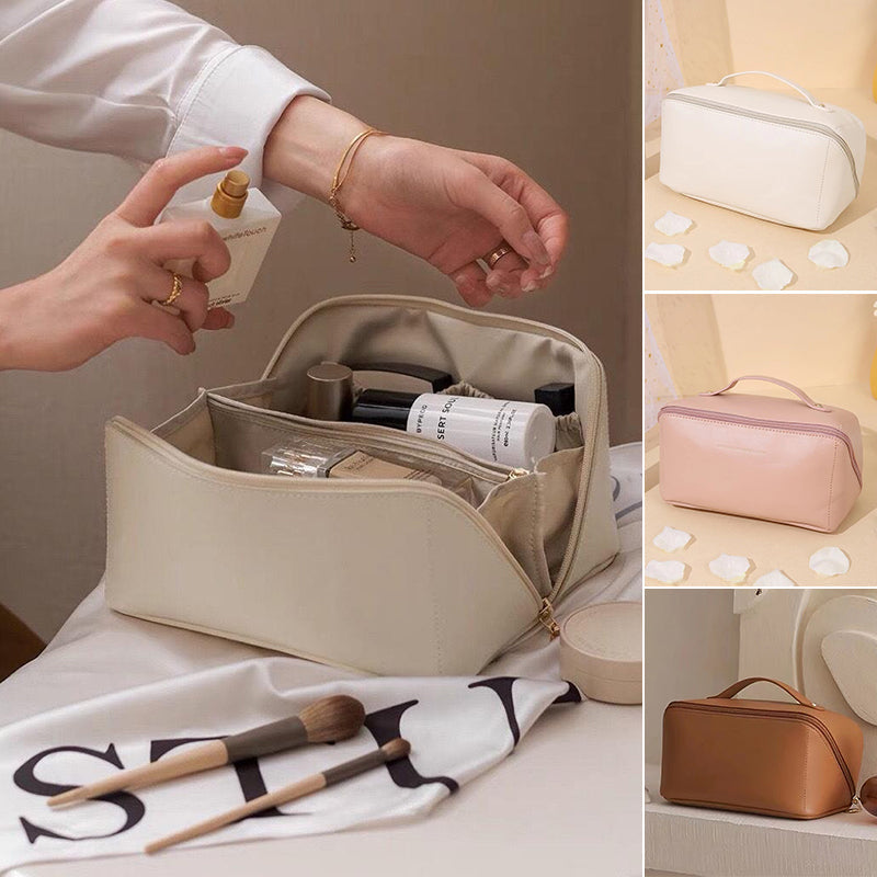 Portable leather travel cosmetic bag