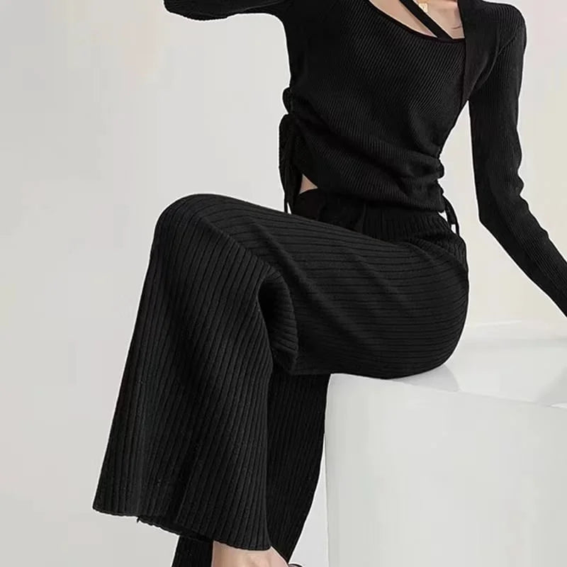 Anja - Relaxed striped knitted trousers with wide legs