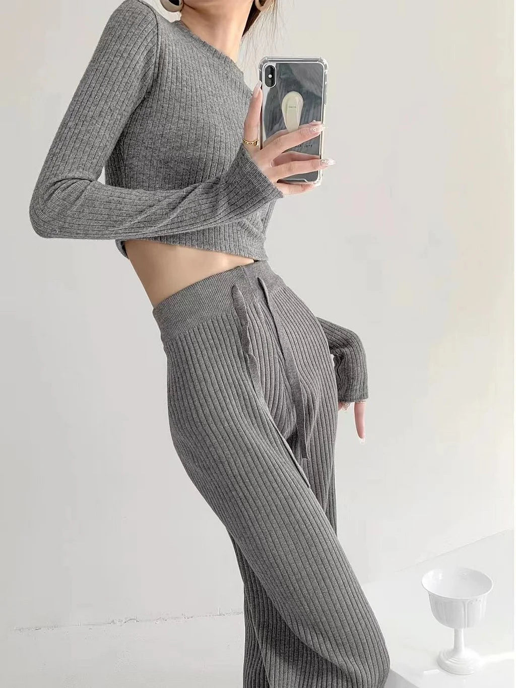 Anja - Relaxed striped knitted trousers with wide legs
