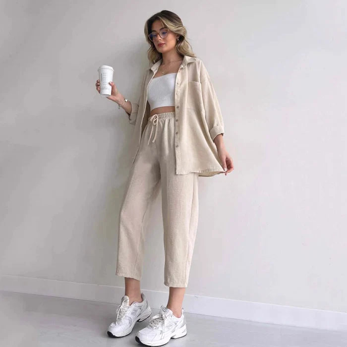 Lorah - Casual loose shirt Coat sporty pants Two-piece suit