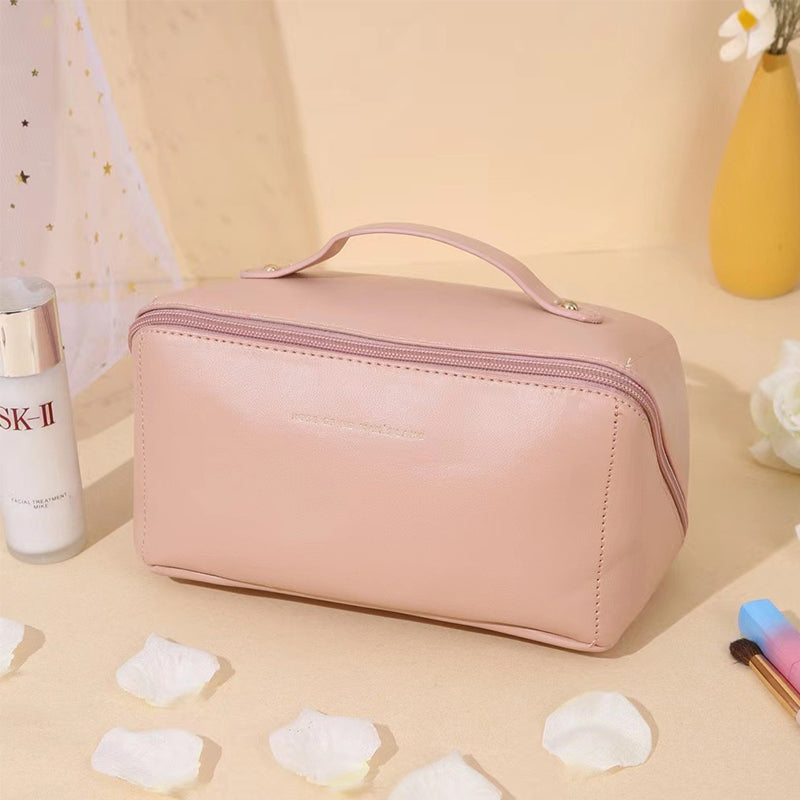 Portable leather travel cosmetic bag