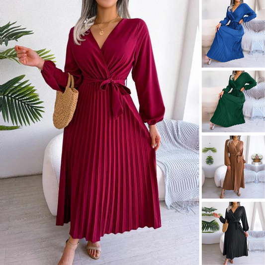 Lena - fashion pleated V-neck long dress for summer 2024