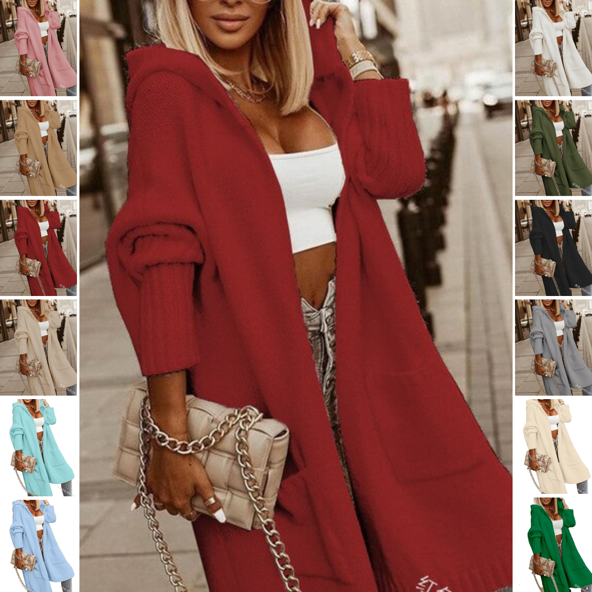 Jasmine - 2024 Casual open knit coat with hood in medium length knit coat