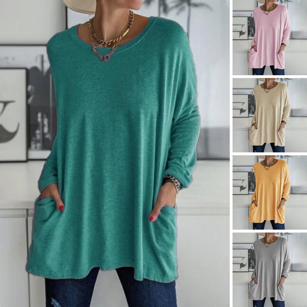 Cariel - Fashion Tunic Top Bag Loose Round Neck Long Sleeve