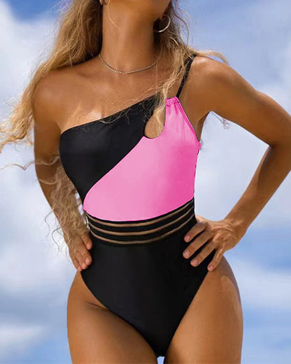 Color block One shoulder One piece swimsuit