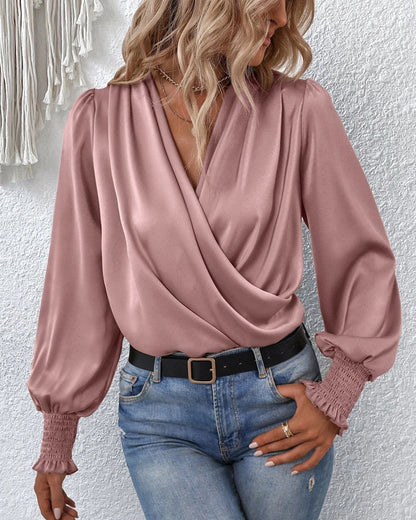 V-neck elegant plain blouse with balloon sleeves