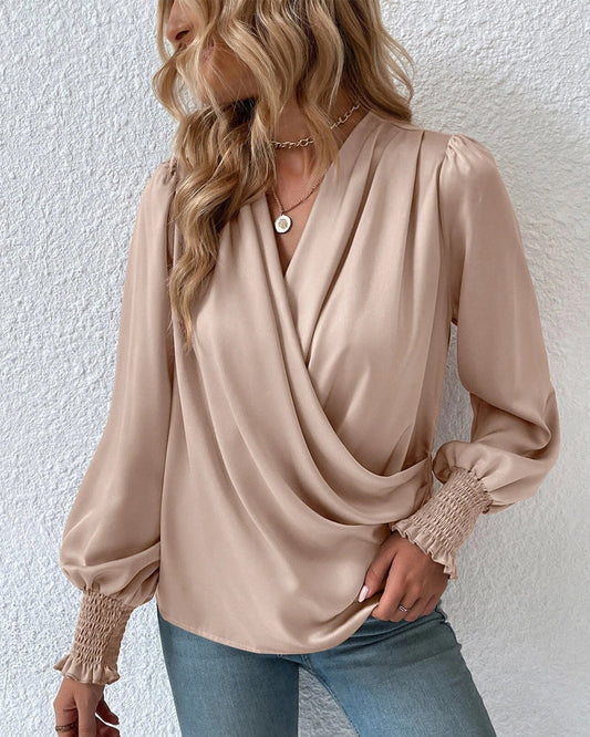 V-neck elegant plain blouse with balloon sleeves