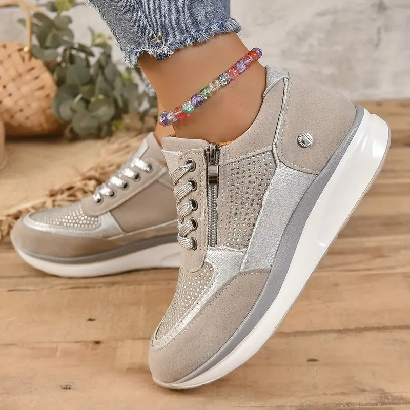 Ricci - Thick bottom laces Shiny crystal wedge sneakers