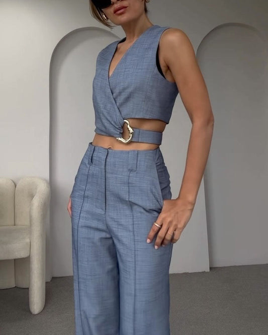 Olivia | Crop Top din in și pantaloni lungi