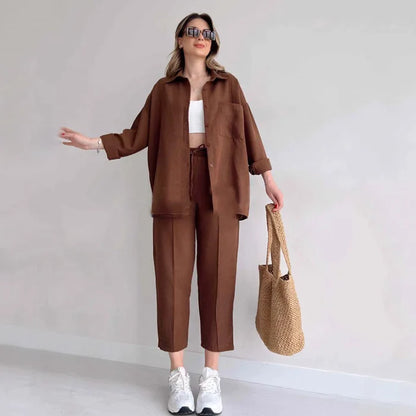 Lorah - Casual loose shirt Coat sporty pants Two-piece suit