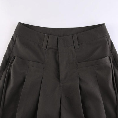 Solid medium rise pleated baggy wide leg pant