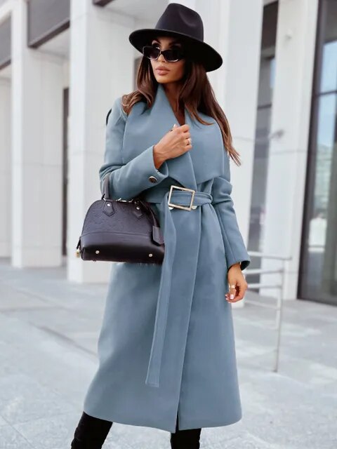 Camilla - The new simple long sleeve button V-neck belt fleece coat